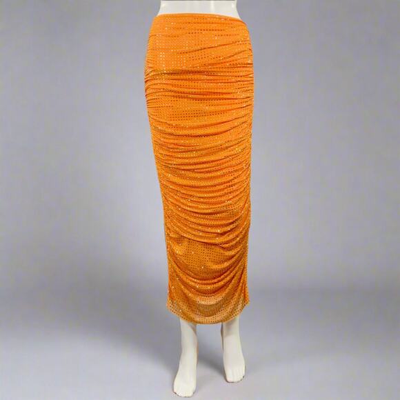 SELF-PORTRAIT 4 Hotfix Orange Silver Mesh Rhinestones Elastic Waistband Skirt - Picture 1 of 5